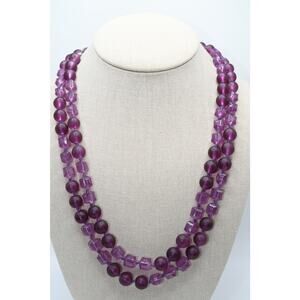 Vintage Purple Beaded Necklace 46 Inch Hand Knotted Glass Lucite Long Strand